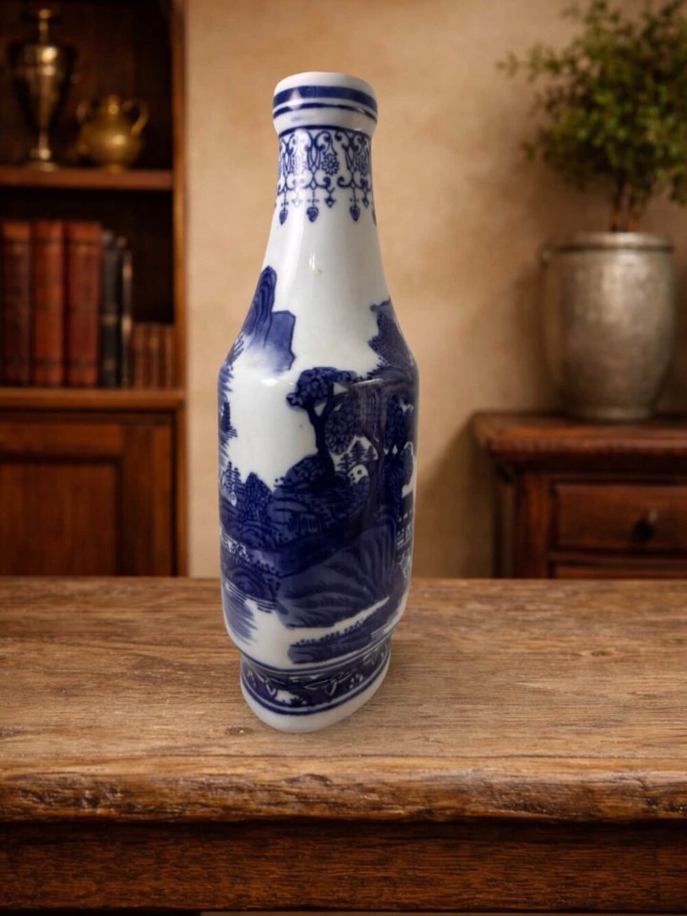 Blue & White Porcelain Chinoiserie Bottle Signed With Scenic Asian Landscape Des - Picture 3 of 8
